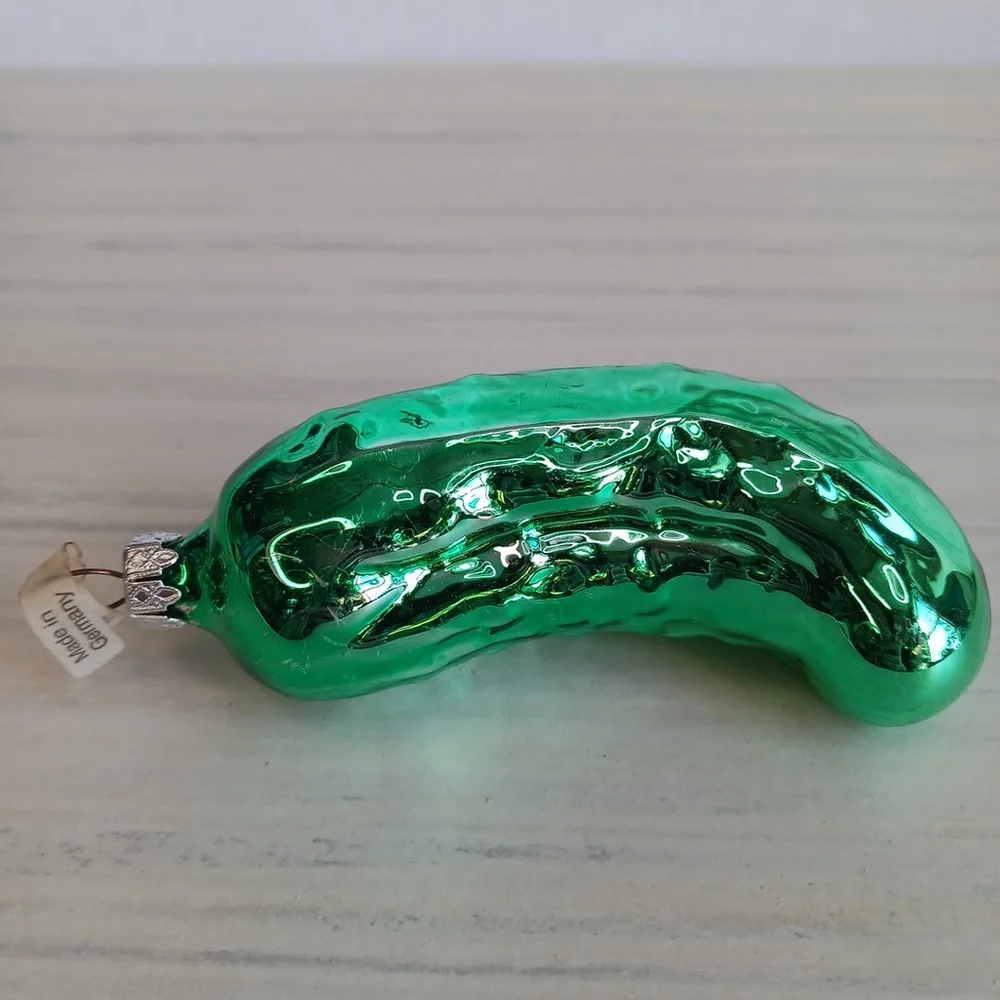 West Germany Glass Green Pickle Christmas Ornament 4 in